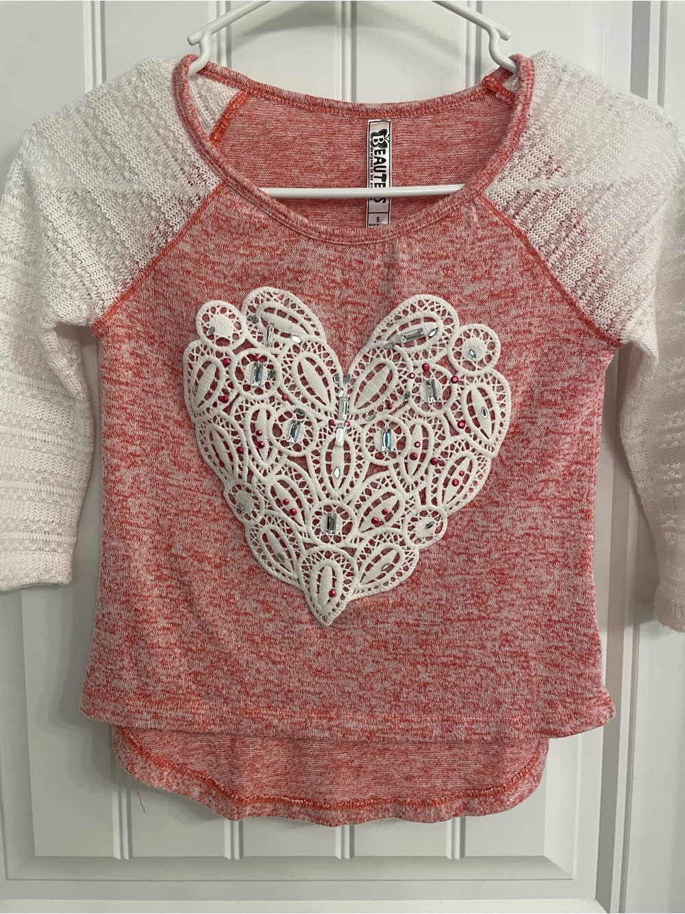 Beautees Red & White Heart Lace Front Sweater Top